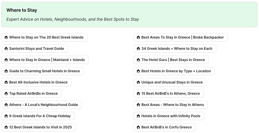 Where To Stay In Greece Preview of Where to Stay in Greece section in Greece Travel Research by Feral Travel