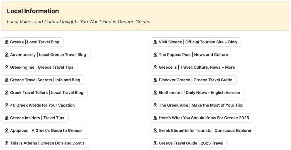 Local Information Preview of local information section in Greece Travel Research by Feral Travel