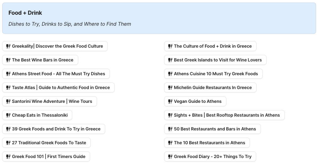 Food and Drink In Greece Preview of Food and Drink In Greece section in Greece Travel Research by Feral Travel